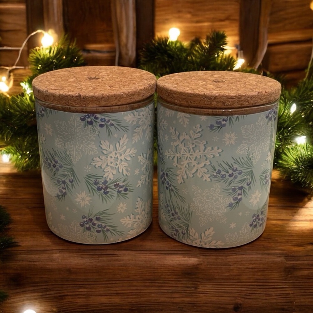 Hallmark Bundle 2-14 Ounce Blue Snowflake Holly 2 Wick Candle Jars